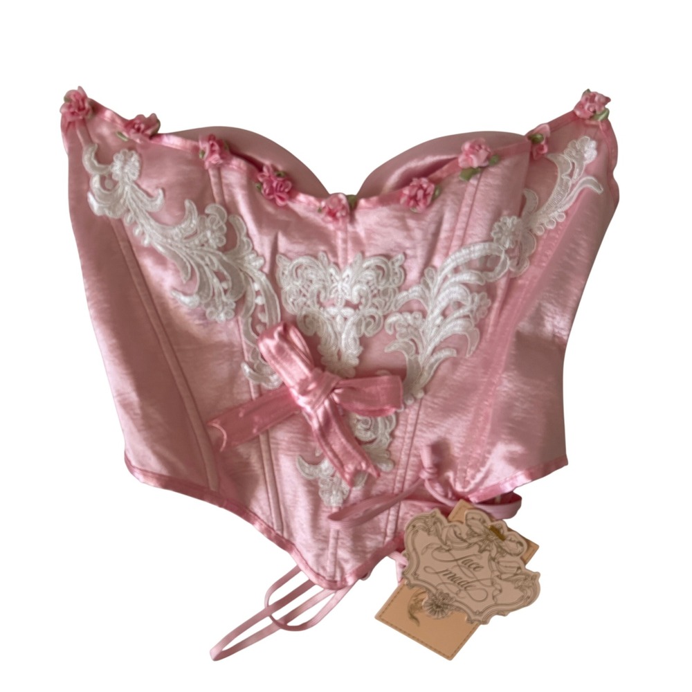 Lace Made Corset Top Womens Small Pink NWT Lace Up Satin Floral Applique